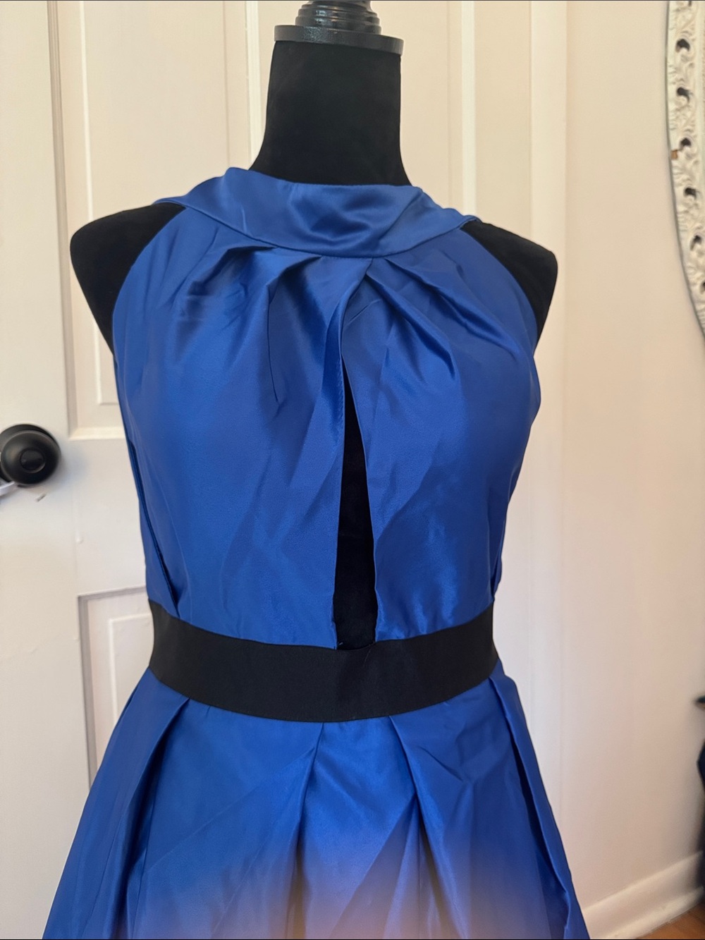 Elegant Navy Blue Satin Maxi Dress with Black Waistband